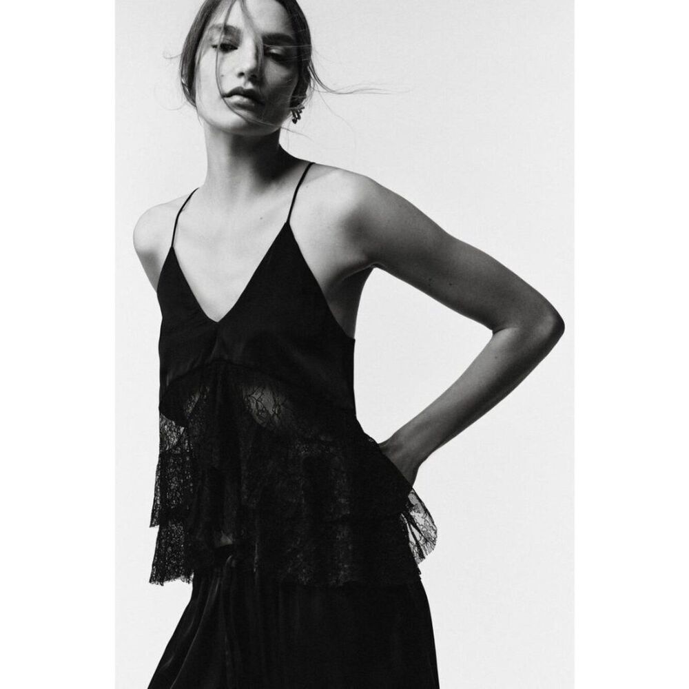 Zara Studio Womens Lace blouse Top Small Black Asymmetrical Hem 9116/876 NWT